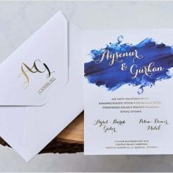 Faire Part Mariage Peinture Bleu Ecriture Dorée