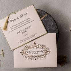 Faire Part Mariage Plaquette Dorée Pochette Taupe