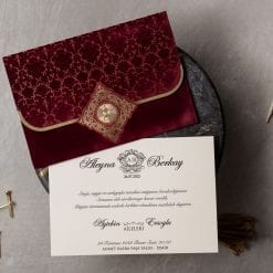 Faire Part Mariage Velours Bordeaux Finition Dorée