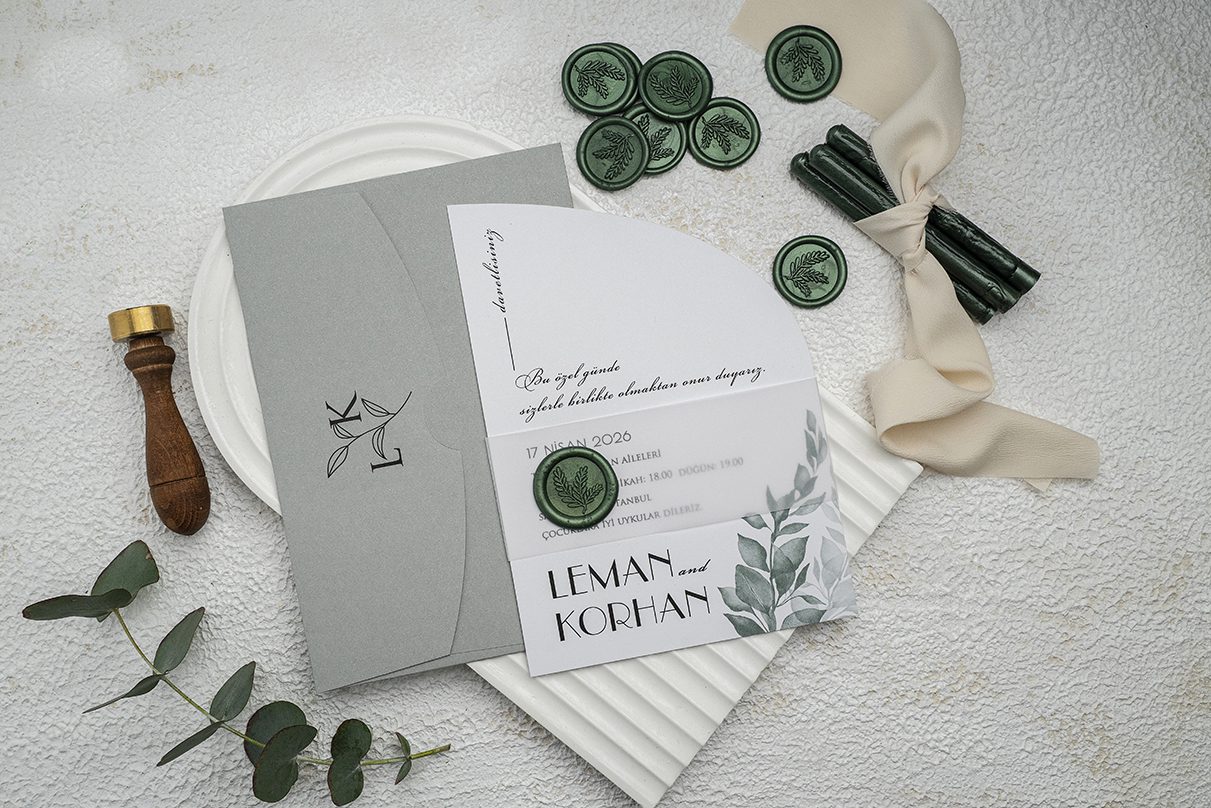 Faire Part Mariage Vert Sceau de Cire Botanique